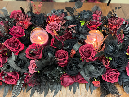 Wedding Sweetheart Table Runner Black Centerpiece Burgundy Candle Fireplace Mantle Ostrich Feathers Gothic Halloween Arch Arrangement Arbor