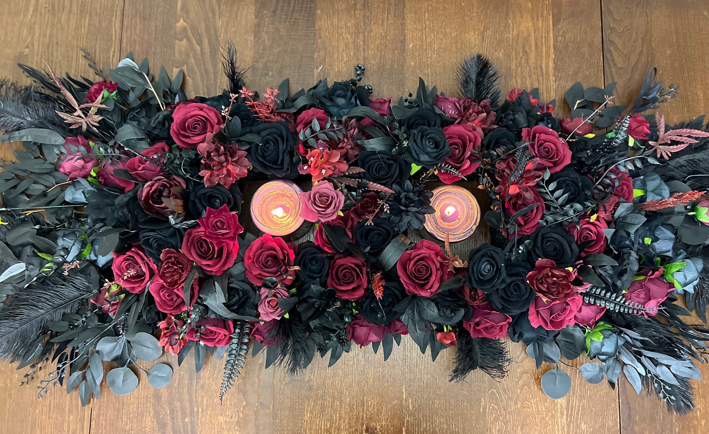 Wedding Sweetheart Table Runner Black Centerpiece Burgundy Candle Fireplace Mantle Ostrich Feathers Gothic Halloween Arch Arrangement Arbor