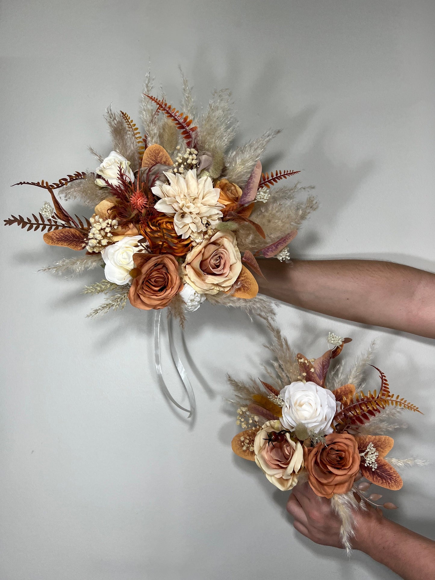 Wedding Cascade Bouquet Terracotta Bridal Cascading Boho Rust Bouquet Wedding Burnt Orange Bridesmaids Decor Handmade Flower Artificial