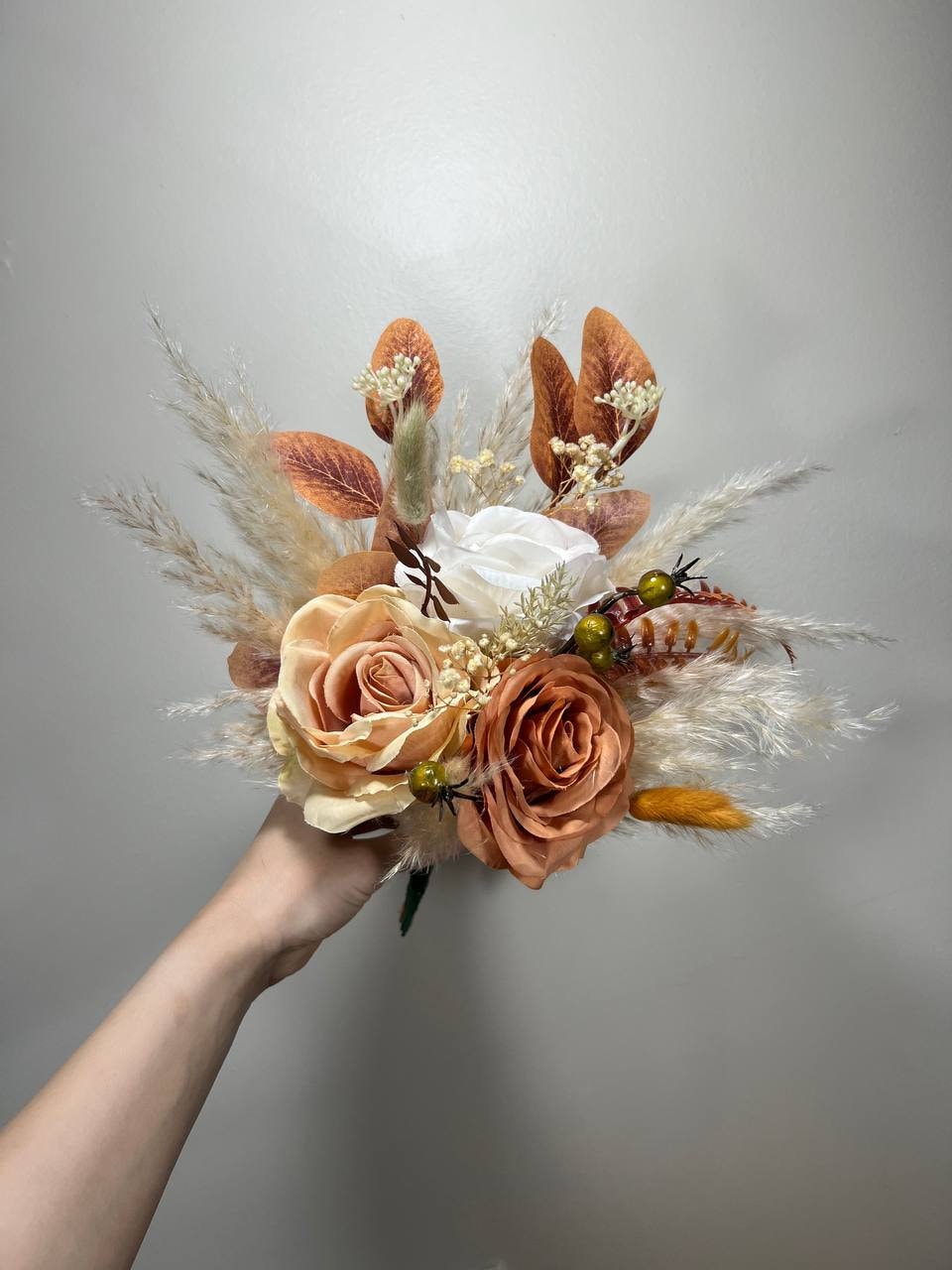 Wedding Bouquet Terracotta Rust Burnt Orange Ivory Bridal Fall Eucalyptus Baby Breath Cinnamon Rose Pampas Grass Silk Flower