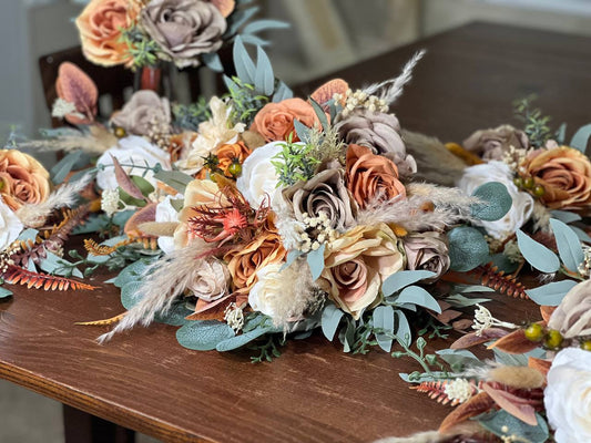 Wedding Bouquet Terracotta Rust Burnt Orange Ivory Bridal Fall Eucalyptus Baby Breath Cinnamon Rose Pampas Grass Silk Flower