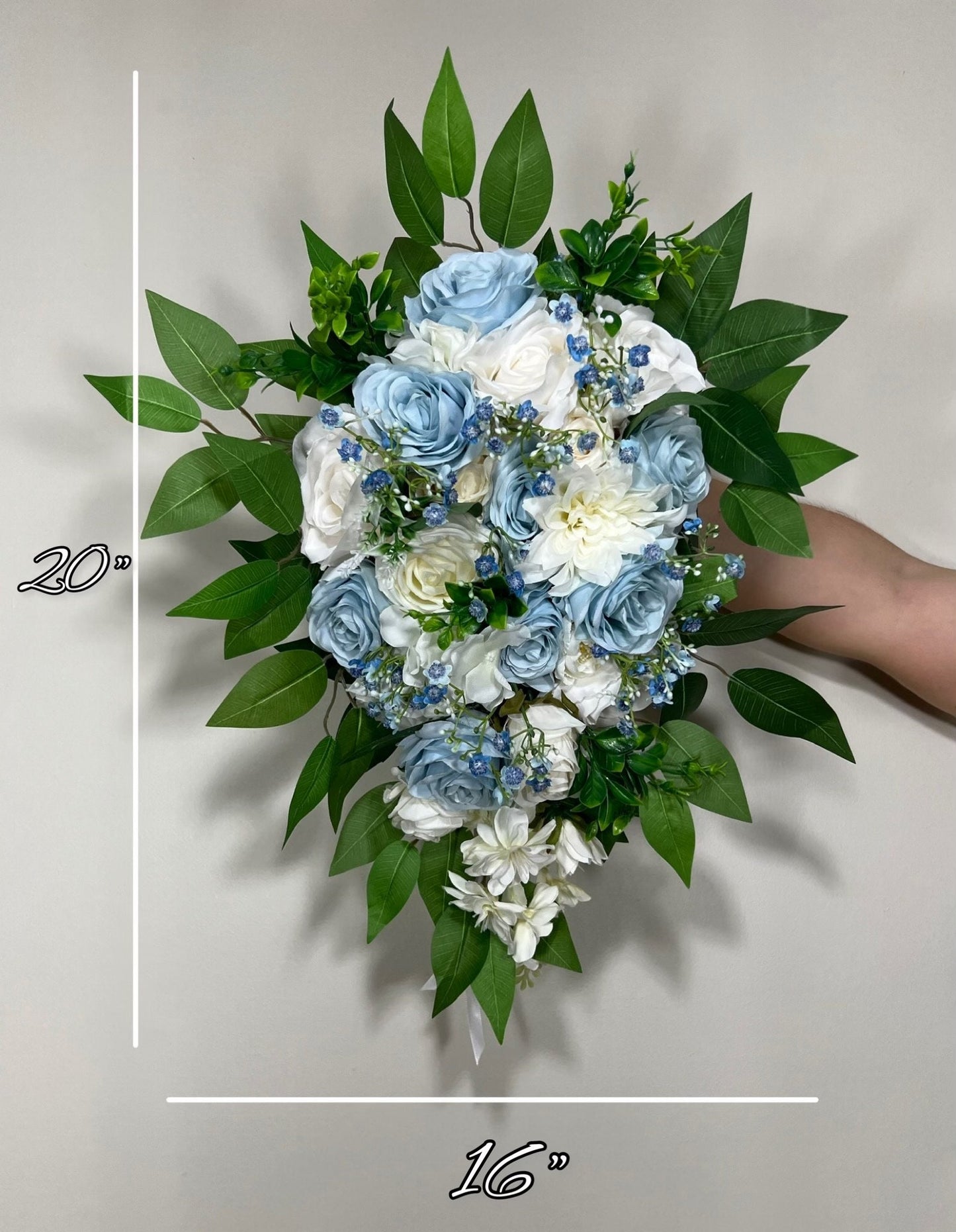 Wedding Bouquet Cascade Blue White Bridesmaids Baby Blue Bridal Cascading Sky Blue Dusty Bouquet Eucalyptus Baby Breath Artificial Flower