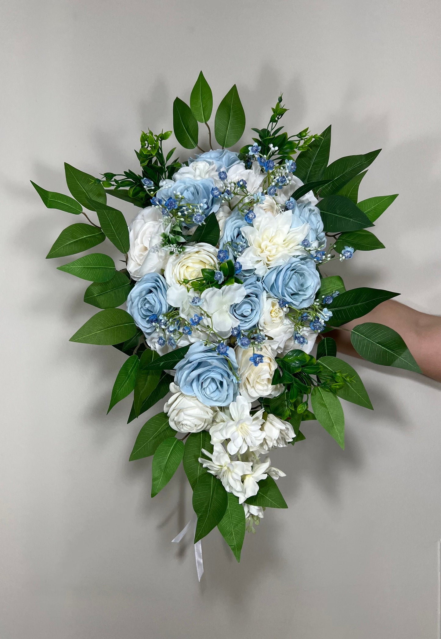 Wedding Bouquet Cascade Blue White Bridesmaids Baby Blue Bridal Cascading Sky Blue Dusty Bouquet Eucalyptus Baby Breath Artificial Flower