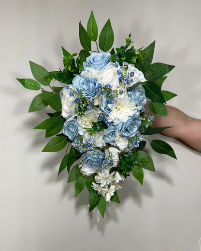 Wedding Bouquet Cascade Blue White Bridesmaids Baby Blue Bridal Cascading Sky Blue Dusty Bouquet Eucalyptus Baby Breath Artificial Flower