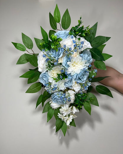 Wedding Bouquet Cascade Blue White Bridesmaids Baby Blue Bridal Cascading Sky Blue Dusty Bouquet Eucalyptus Baby Breath Artificial Flower