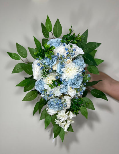 Wedding Bouquet Cascade Blue White Bridesmaids Baby Blue Bridal Cascading Sky Blue Dusty Bouquet Eucalyptus Baby Breath Artificial Flower