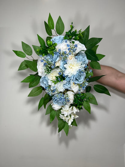 Wedding Bouquet Cascade Blue White Bridesmaids Baby Blue Bridal Cascading Sky Blue Dusty Bouquet Eucalyptus Baby Breath Artificial Flower