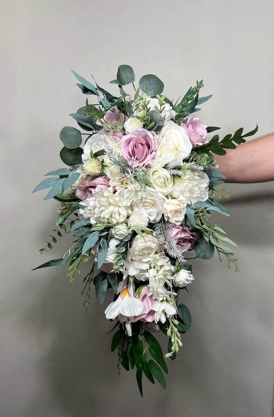 Wedding Bouquet Cascade Lavender Bridesmaids Purple Bridal Lilac Cascading Lavender Bouquet White Eucalyptus Greenery Artificial Flower