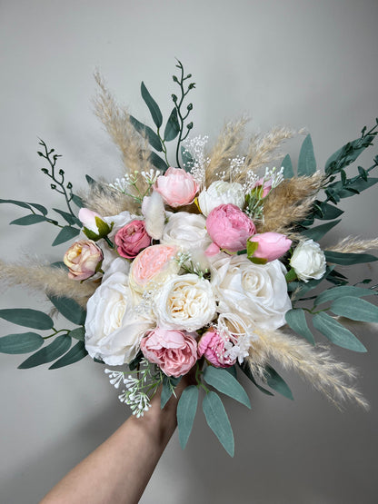 Wedding Bouquet White Pink Peony Bridal Blush Wedding Bouquet Ivory Bridesmaids Decor Eucalyptus Pink Flower White Spring Artificial Flower