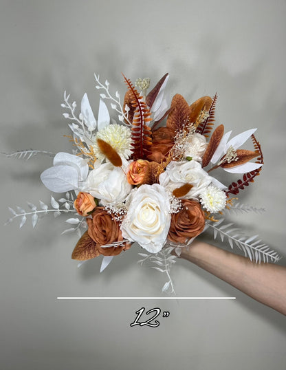 Wedding Bouquet Terracotta Boho Bridal Rust Wedding Burnt Orange Bridesmaids Decor Artificial Flower Baby Breath Fall Pumpkin Bunny Tails