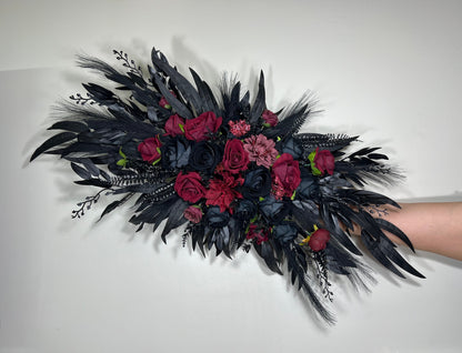 Wedding Arch Arrangement Black Burgundy Arch Aisle Arrangement Halloween Decor Gothic Black Artificial Flowers Eucalyptus Bunny Tails