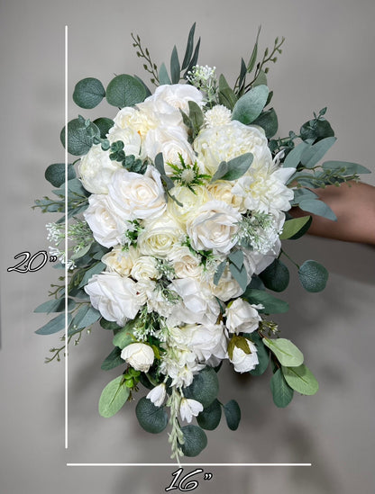 Wedding Bouquet Cascade White Bridal  Bridesmaids Cascading Bouquet Wedding Bouquet Ivory Decor Eucalyptus Greenety Sage Flower Artificial