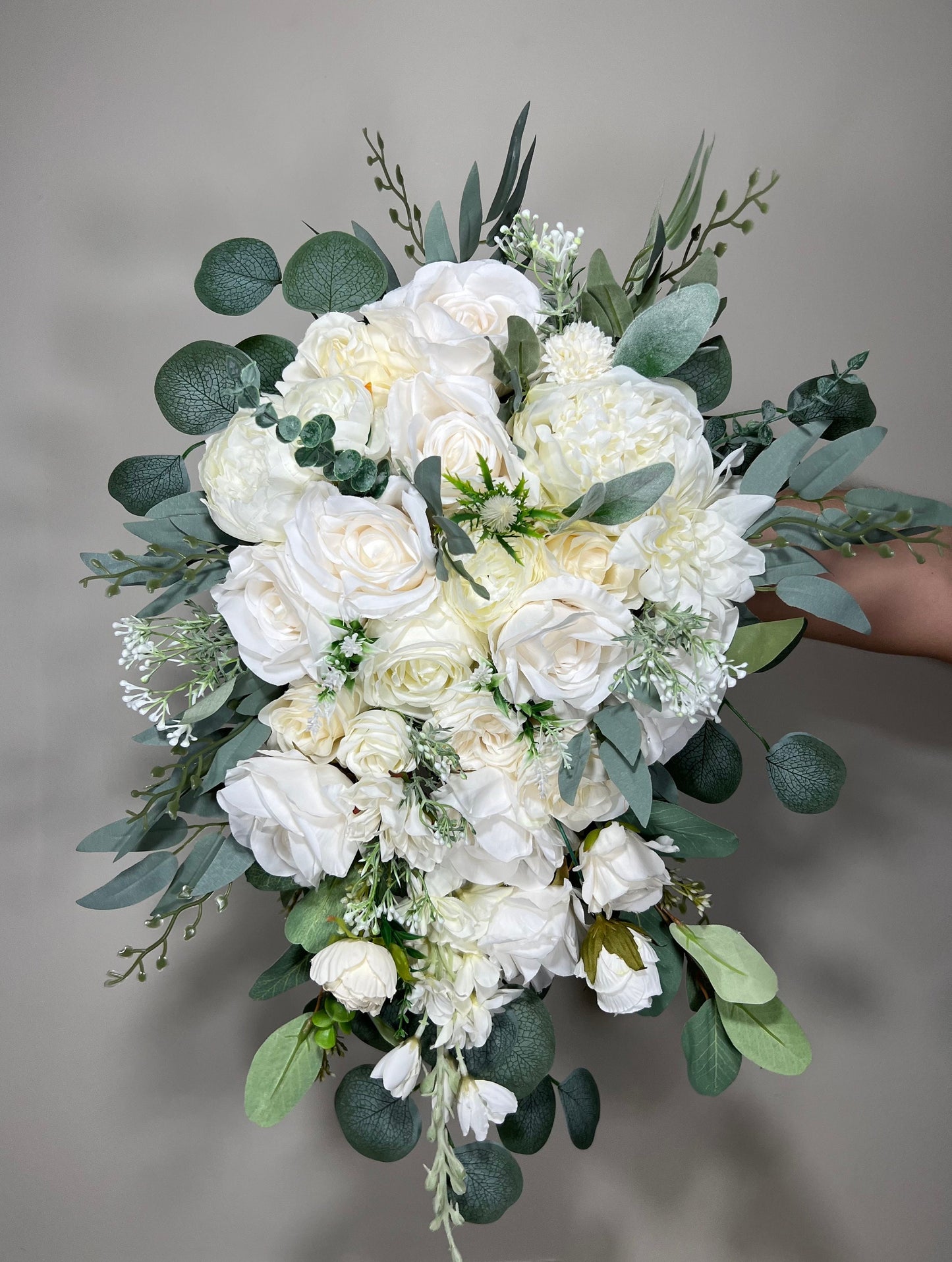 Wedding Bouquet Cascade White Bridal  Bridesmaids Cascading Bouquet Wedding Bouquet Ivory Decor Eucalyptus Greenety Sage Flower Artificial