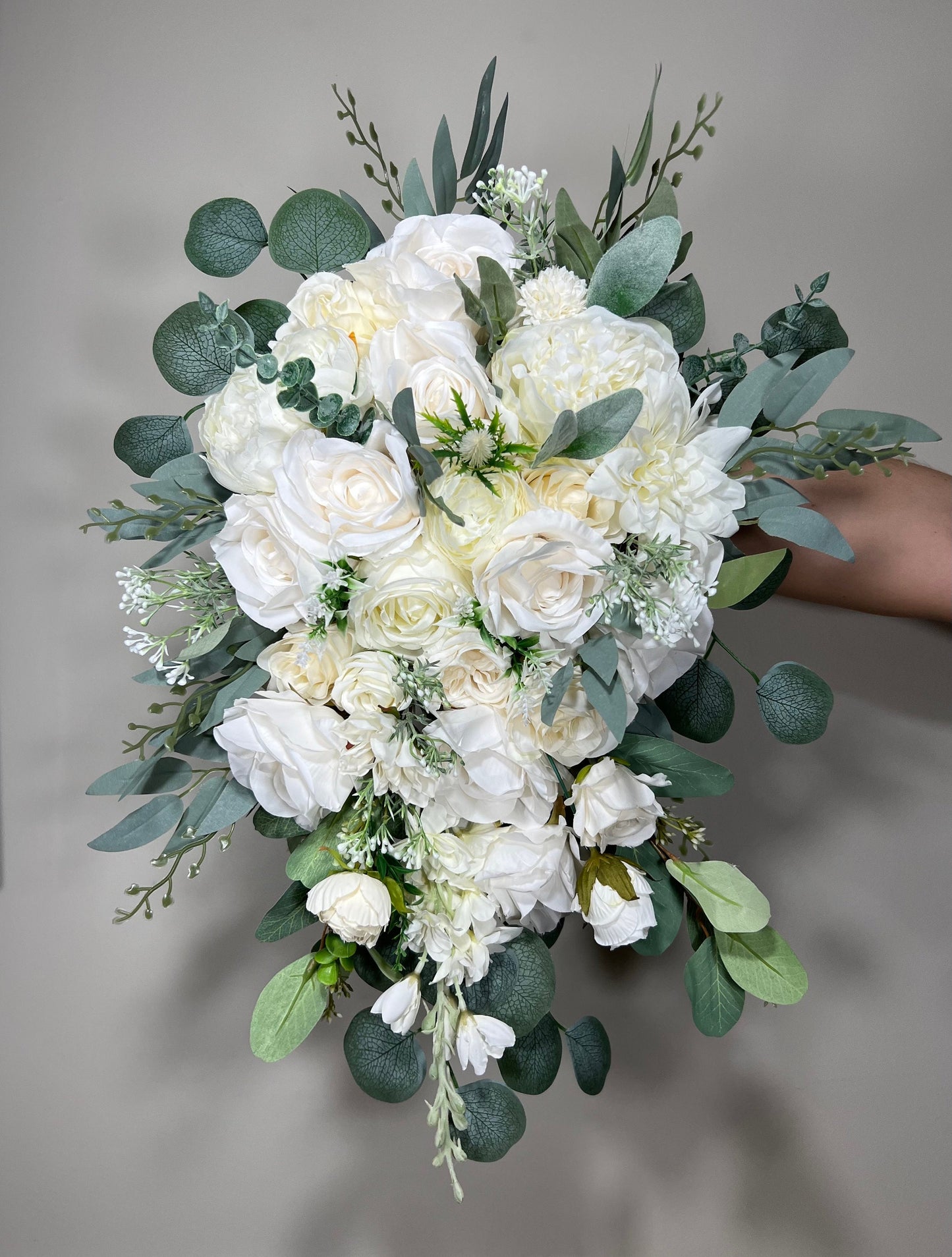 Wedding Bouquet Cascade White Bridal  Bridesmaids Cascading Bouquet Wedding Bouquet Ivory Decor Eucalyptus Greenety Sage Flower Artificial