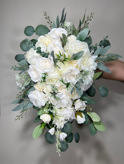 Wedding Bouquet Cascade White Bridal  Bridesmaids Cascading Bouquet Wedding Bouquet Ivory Decor Eucalyptus Greenety Sage Flower Artificial