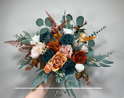 Wedding Dark Teal Bouquet Rust Orange Bridal Dusty Rose Bridesmaids Bouquet Terracotta Dusty Rose Silk Artificial Flowers Bouquet