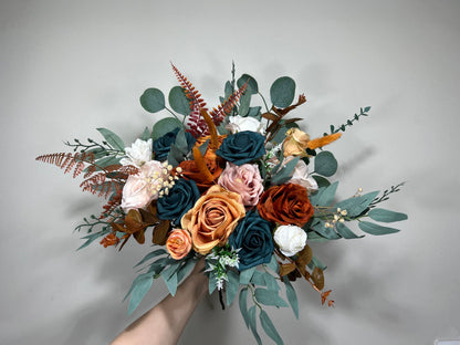 Wedding Dark Teal Bouquet Rust Orange Bridal Dusty Rose Bridesmaids Bouquet Terracotta Dusty Rose Silk Artificial Flowers Bouquet