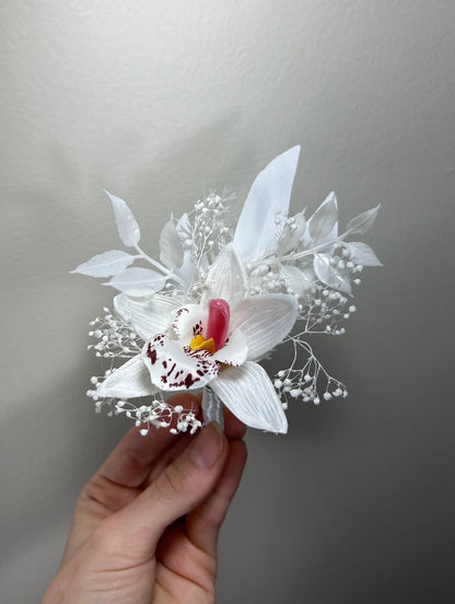 Wedding Orchid Boutonniere Rustic White Wedding Ivory Groom Orchid Boutonnière Groomsmen Decor Baby Breath Artificial Flower Tropical Orchid