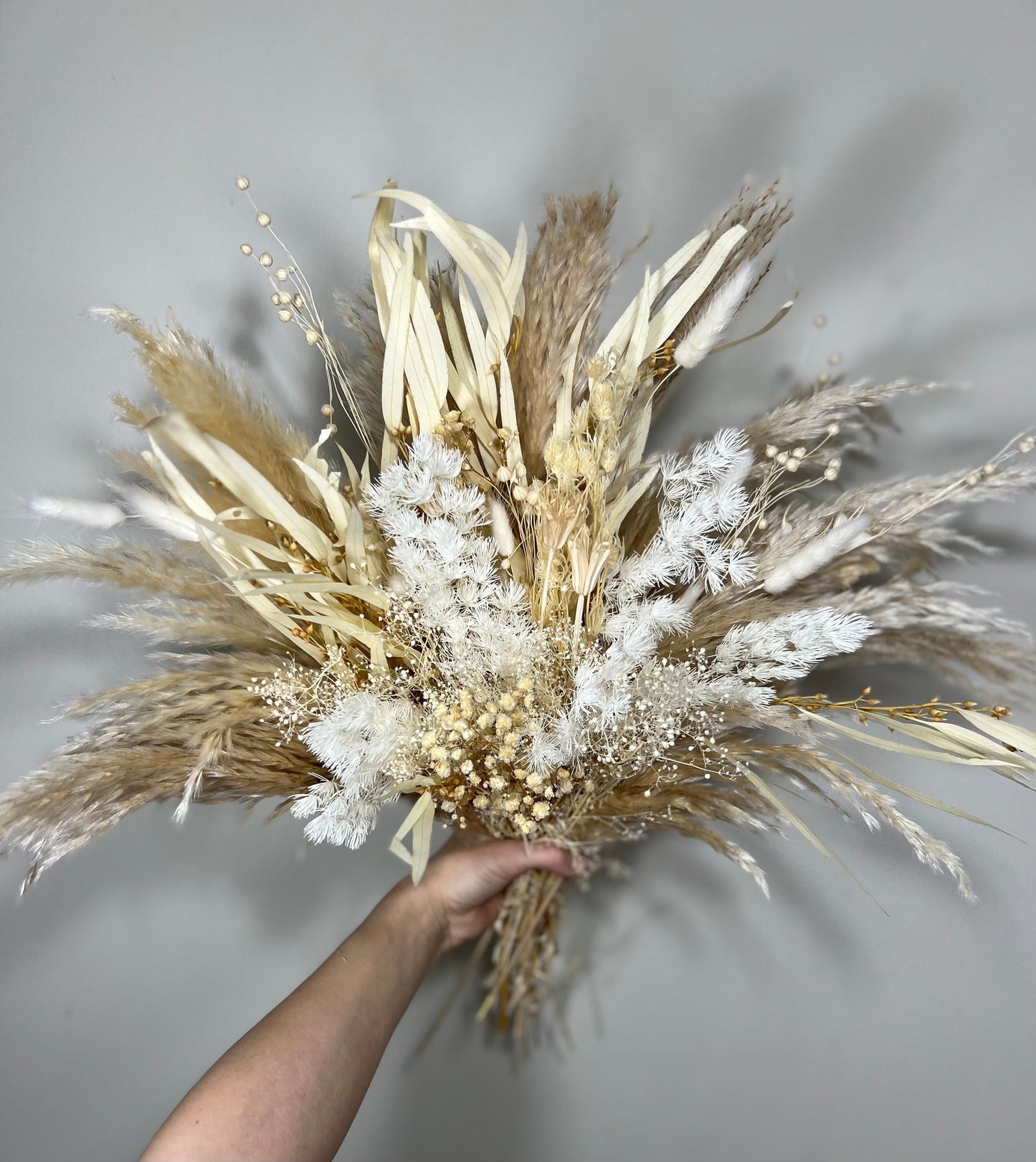 Wedding White Bridal Bouquet Boho Bouquet Bridesmaids Ivory Natural Baby Breath Bunny Tails Bouquet Pampas Grass Palms Leaves Dried Flowers