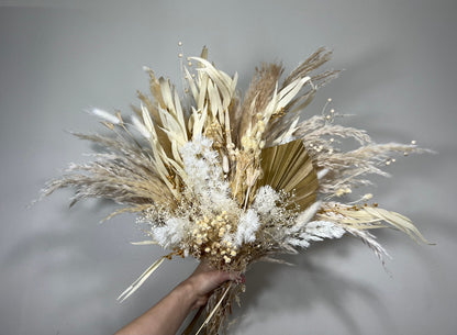 Wedding White Bridal Bouquet Boho Bouquet Bridesmaids Ivory Natural Baby Breath Bunny Tails Bouquet Pampas Grass Palms Leaves Dried Flowers