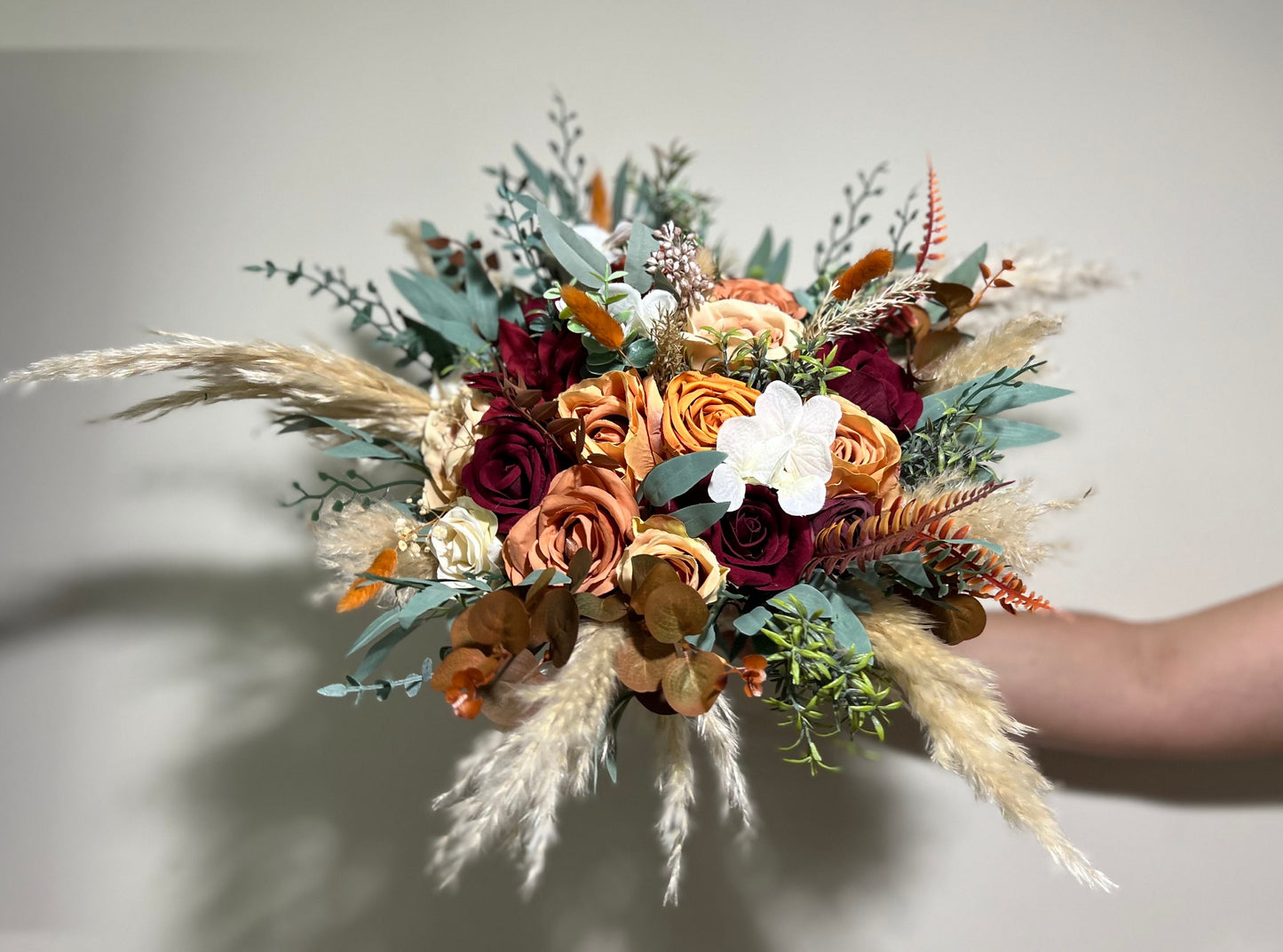 Wedding Bouquet Rust Burgundy Bouquet Bridal Terracotta Pampas Grass Bridesmaids Bouquet Burnt Orange Ivory Fall Hydrangea Artificial Flower