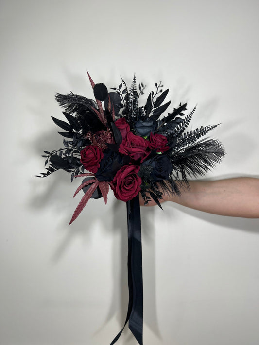 Wedding Bouquet Black Ostrich Feathers Burgundy Bridal Gothic Wedding Halloween Bouquet Bridesmaids Black Decor Burgundy Artificial Flowers