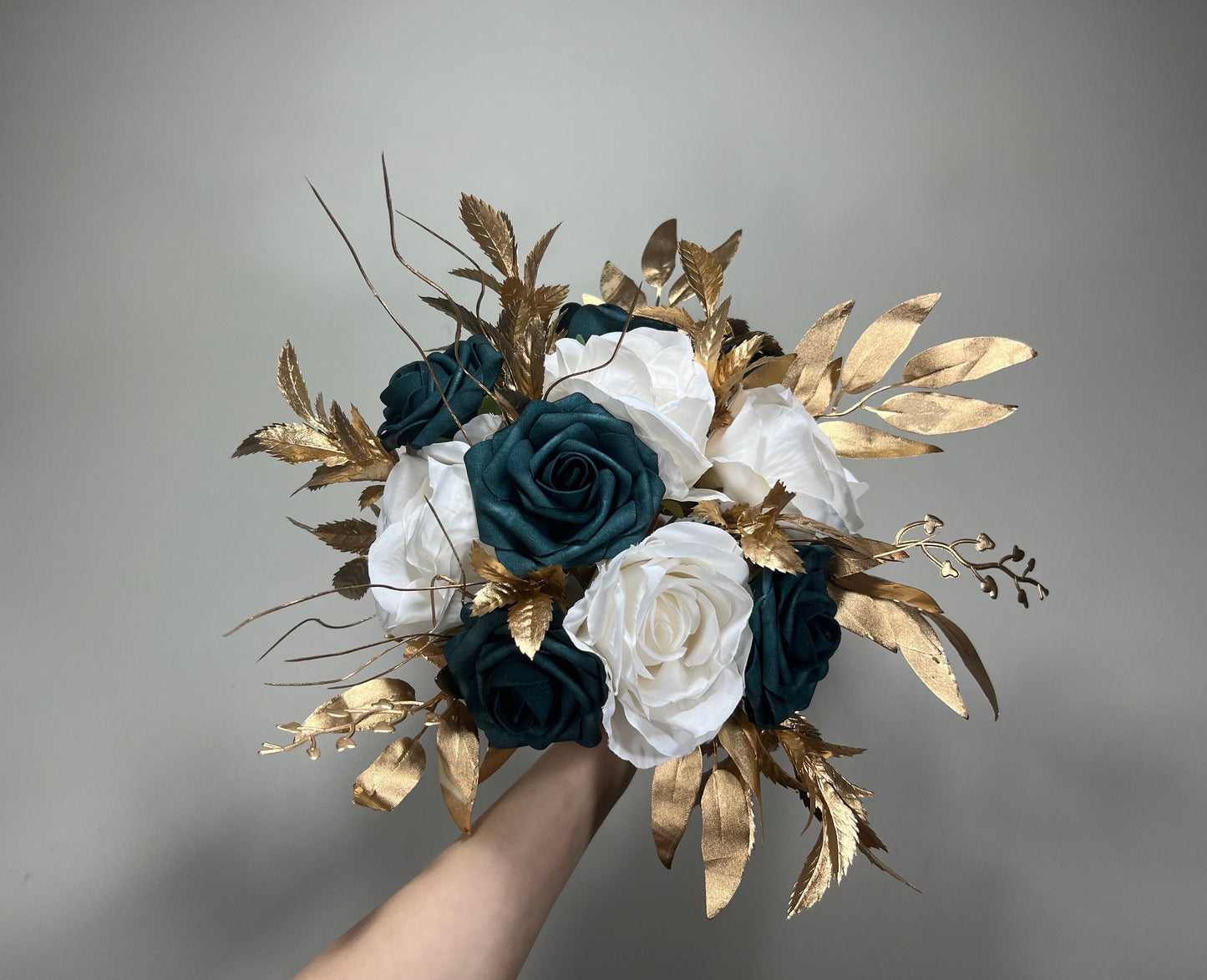 Wedding Teal Blue Bouquet White Bridal Turquoise Bridesmaids Bouquet Gold Teal Ivory Artificial Flowers Emerland Green Bouquet Dark Teal