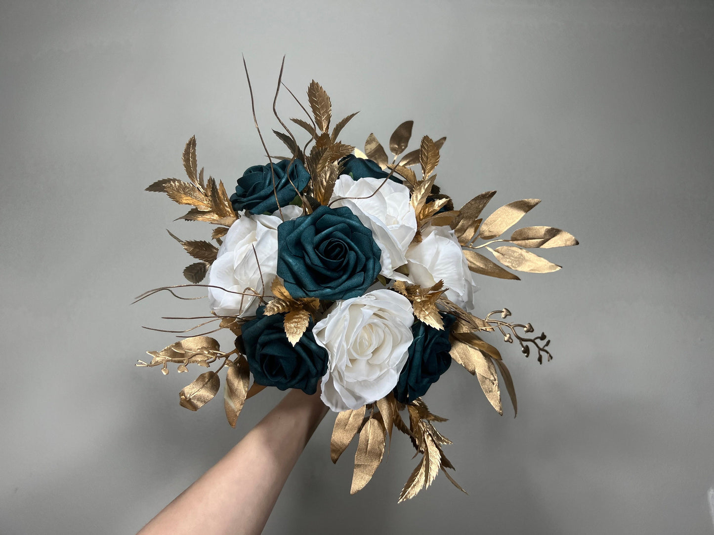 Wedding Teal Blue Bouquet White Bridal Turquoise Bridesmaids Bouquet Gold Teal Ivory Artificial Flowers Emerland Green Bouquet Dark Teal