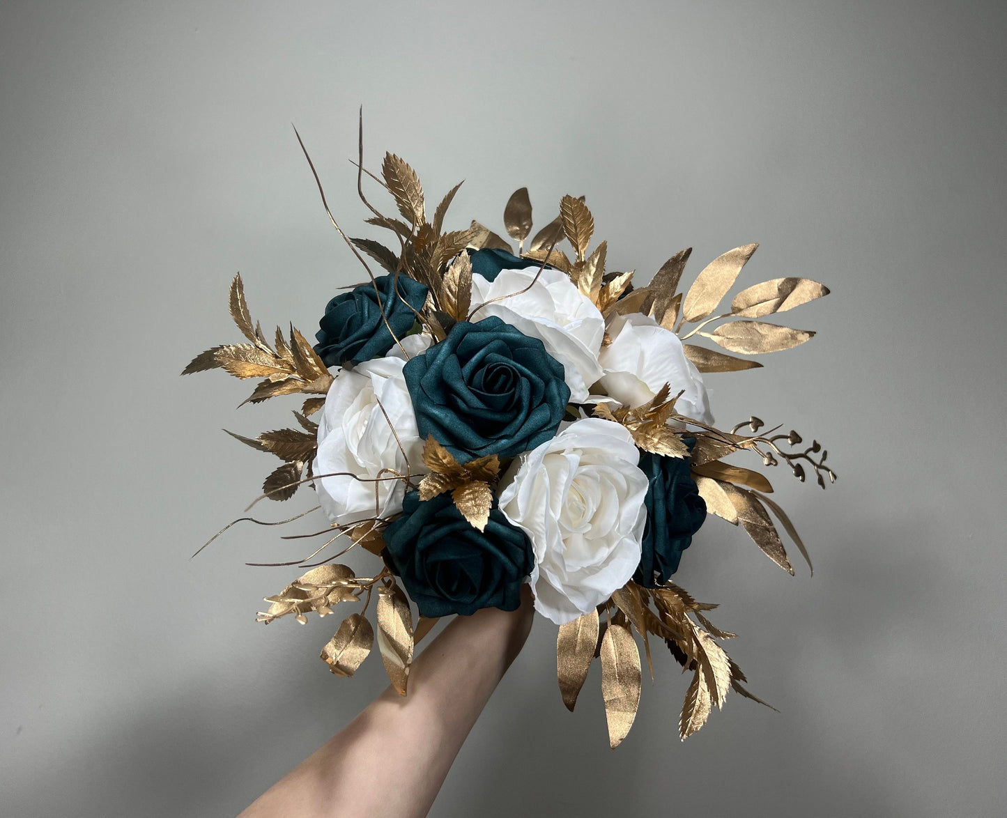 Wedding Teal Blue Bouquet White Bridal Turquoise Bridesmaids Bouquet Gold Teal Ivory Artificial Flowers Emerland Green Bouquet Dark Teal