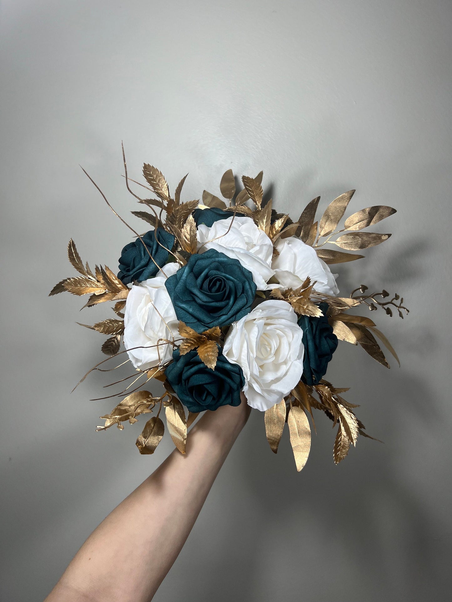 Wedding Teal Blue Bouquet White Bridal Turquoise Bridesmaids Bouquet Gold Teal Ivory Artificial Flowers Emerland Green Bouquet Dark Teal