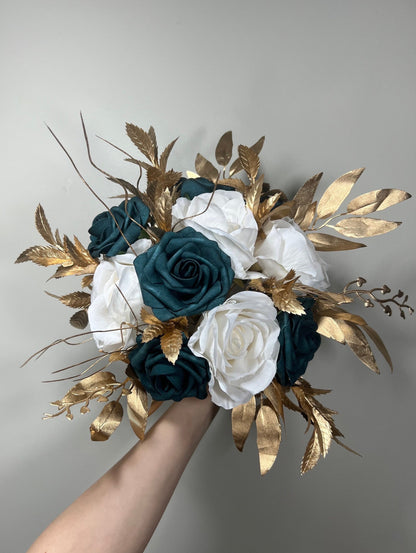 Wedding Teal Blue Bouquet White Bridal Turquoise Bridesmaids Bouquet Gold Teal Ivory Artificial Flowers Emerland Green Bouquet Dark Teal