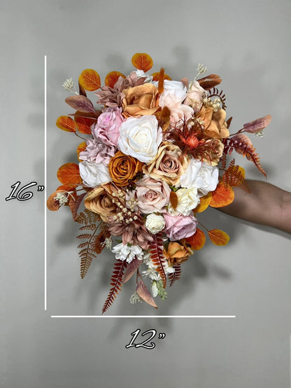 Wedding Cascade Bouquet White Terracotta Bridal Cascading Boho Pink Bouquet Wedding Burnt Orange Bridesmaids Decor Flower Artificial Fall