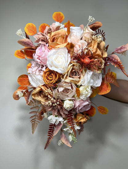 Wedding Cascade Bouquet White Terracotta Bridal Cascading Boho Pink Bouquet Wedding Burnt Orange Bridesmaids Decor Flower Artificial Fall