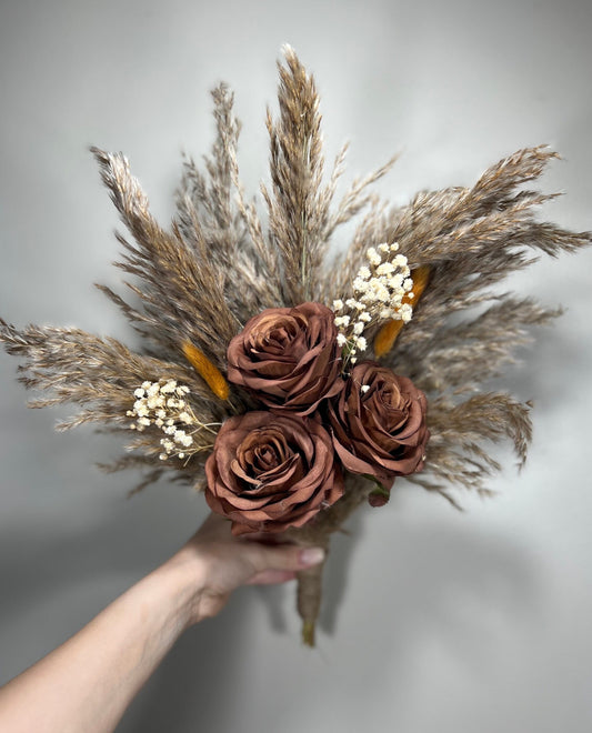 Wedding Bouquet Brown Terracotta Rust Boho Cinnamon Bridal Bouquet Coffee Brown Baby Breath Artificial Flower Dried Pampas Grass Bunny Tails