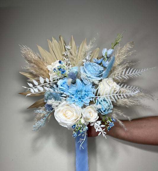 Wedding Bouquet Dusty Blue Sky Bridal Boho Bouquet Palms Leaves Wedding Royal Blue Baby White Pampas Grass Bouquet Artificial Flower Winter