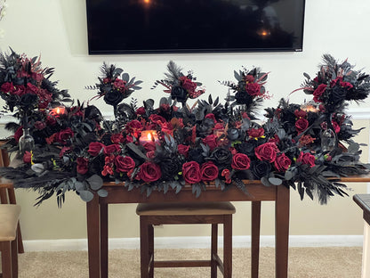 Wedding Sweetheart Table Runner Black Centerpiece Burgundy Candle Fireplace Mantle Ostrich Feathers Gothic Halloween Arch Arrangement Arbor