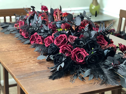 Wedding Sweetheart Table Runner Black Centerpiece Burgundy Candle Fireplace Mantle Ostrich Feathers Gothic Halloween Arch Arrangement Arbor