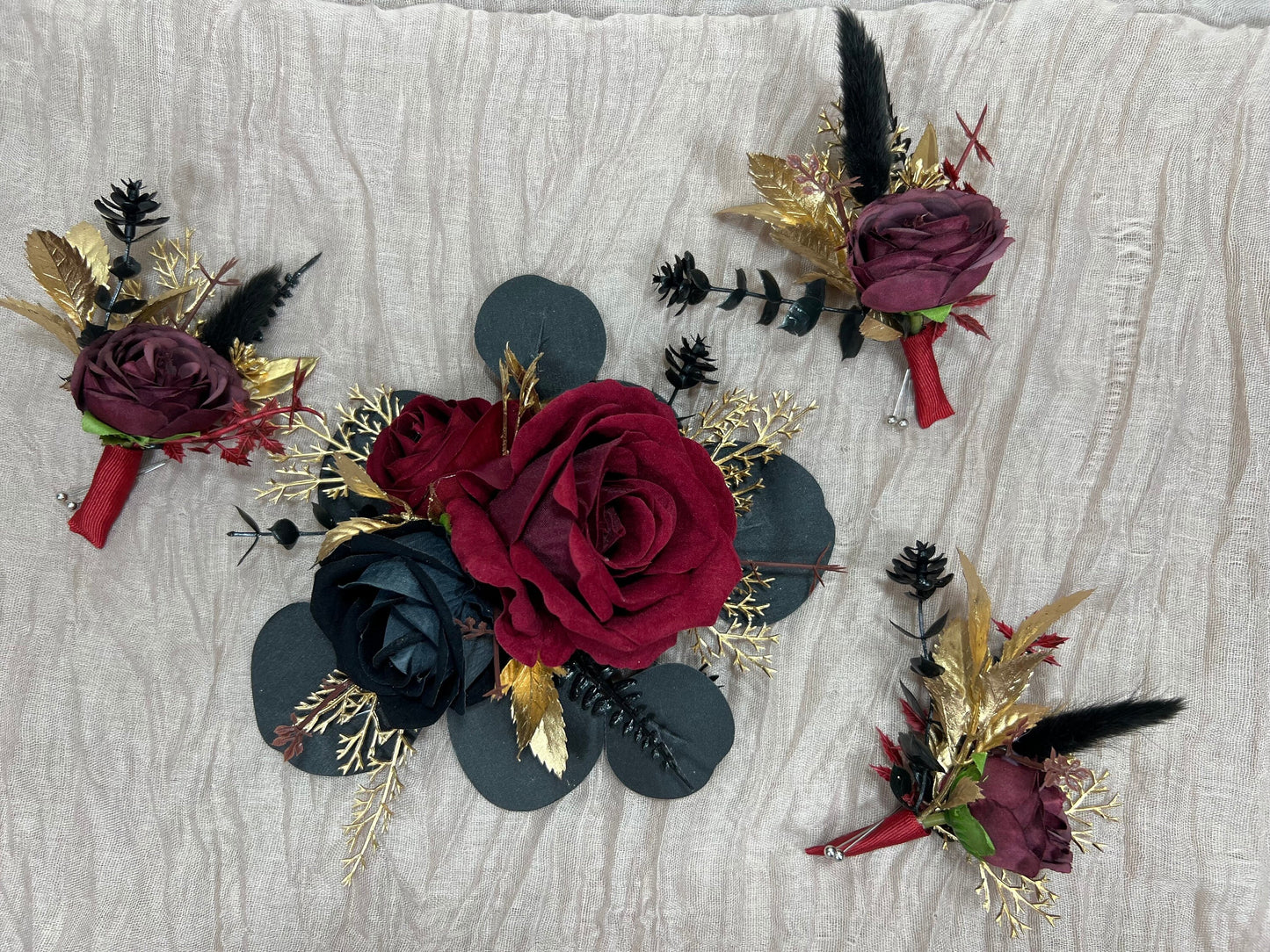 Wedding Boutonniere Burgundy Groom Black Boutonnières Gold Black Groomsmen Gothic Artificial Flowers Boutonnière Halloween