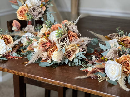 Wedding Bouquet Terracotta Rust Burnt Orange Ivory Bridal Fall Eucalyptus Baby Breath Cinnamon Rose Pampas Grass Silk Flower