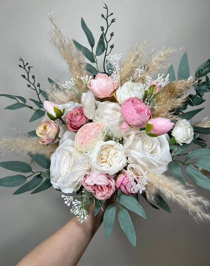 Wedding Bouquet White Pink Peony Bridal Blush Wedding Bouquet Ivory Bridesmaids Decor Eucalyptus Pink Flower White Spring Artificial Flower