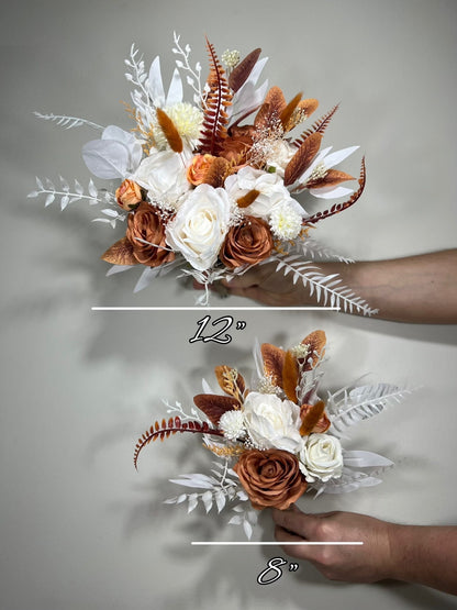 Wedding Bouquet Terracotta Boho Bridal Rust Wedding Burnt Orange Bridesmaids Decor Artificial Flower Baby Breath Fall Pumpkin Bunny Tails