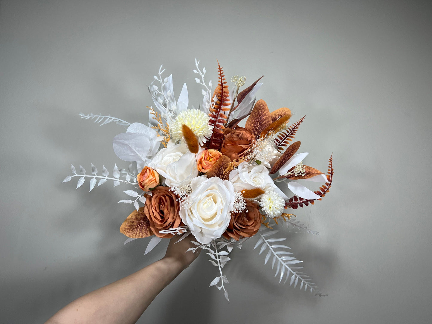 Wedding Bouquet Terracotta Boho Bridal Rust Wedding Burnt Orange Bridesmaids Decor Artificial Flower Baby Breath Fall Pumpkin Bunny Tails