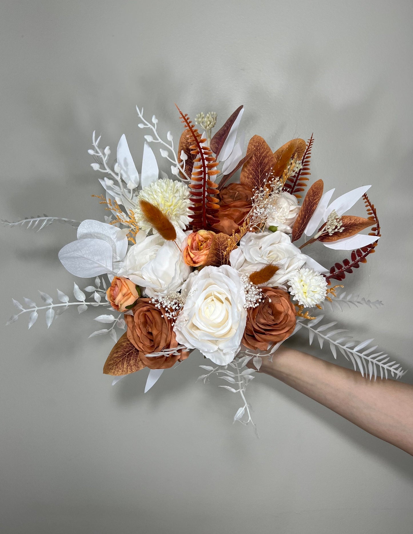 Wedding Bouquet Terracotta Boho Bridal Rust Wedding Burnt Orange Bridesmaids Decor Artificial Flower Baby Breath Fall Pumpkin Bunny Tails