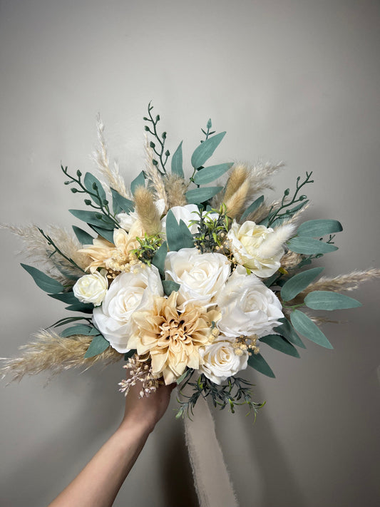 Wedding Bouquet Ivory Bridal Cream Bouquet Champagne Classic Sage Eucalyptus Greenery Bridesmaids Bouquet White Artificial Flowers