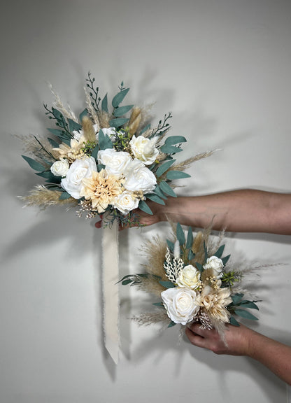 Wedding Bouquet Ivory Bridal Cream Bouquet Champagne Classic Sage Eucalyptus Greenery Bridesmaids Bouquet White Artificial Flowers