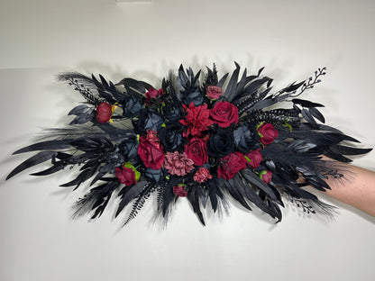 Wedding Arch Arrangement Black Burgundy Arch Aisle Arrangement Halloween Decor Gothic Black Artificial Flowers Eucalyptus Bunny Tails