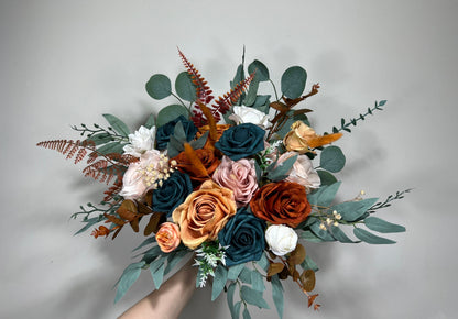 Wedding Dark Teal Bouquet Rust Orange Bridal Dusty Rose Bridesmaids Bouquet Terracotta Dusty Rose Silk Artificial Flowers Bouquet