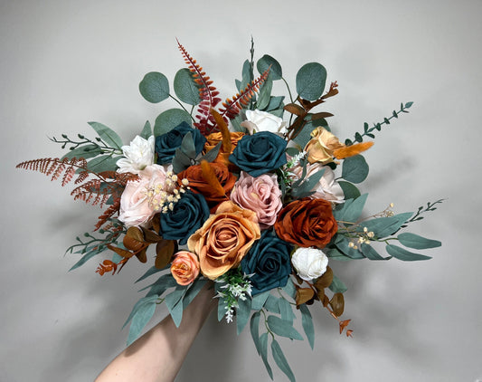 Wedding Dark Teal Bouquet Rust Orange Bridal Dusty Rose Bridesmaids Bouquet Terracotta Dusty Rose Silk Artificial Flowers Bouquet