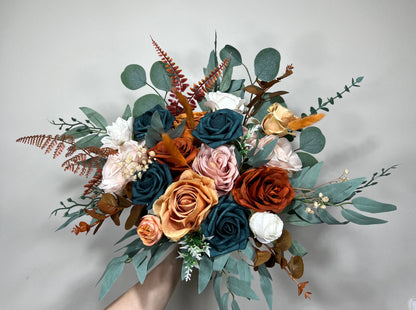 Wedding Dark Teal Bouquet Rust Orange Bridal Dusty Rose Bridesmaids Bouquet Terracotta Dusty Rose Silk Artificial Flowers Bouquet