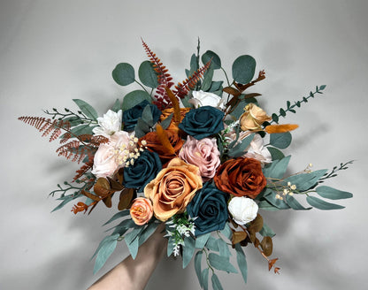 Wedding Dark Teal Bouquet Rust Orange Bridal Dusty Rose Bridesmaids Bouquet Terracotta Dusty Rose Silk Artificial Flowers Bouquet